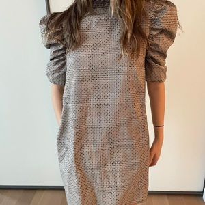 ZARA Plaid, Brown/Cream Tones, Mini Dress With Gathered Puff Sleeves Size M